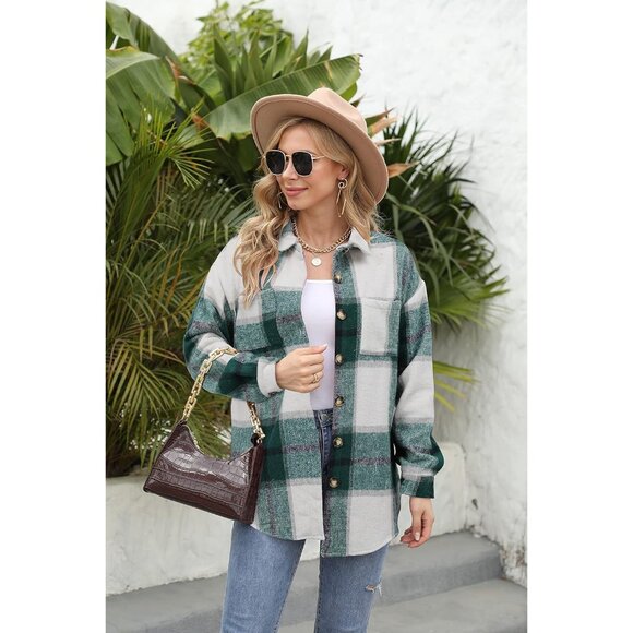 Women's Flannel Plaid Shirt Long Sleeve Boyfriend Style Oversized Shacket - Picture 2 of 5